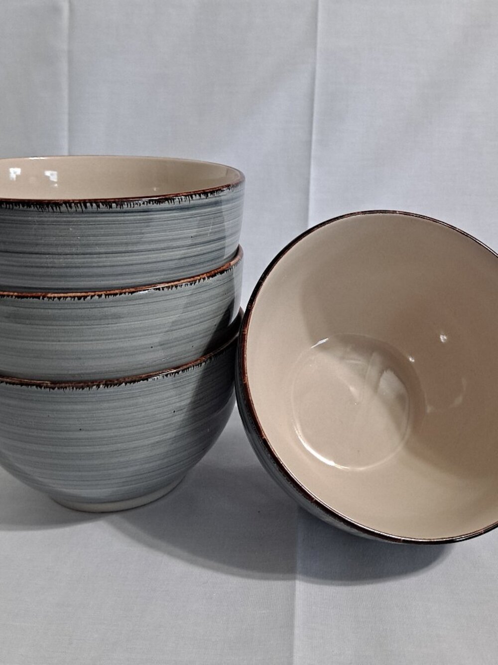 Set 4 Royal Norfolk GRAY SWIRL 5 1/2" Soup BOWLS Cereal Brown trim Stoneware